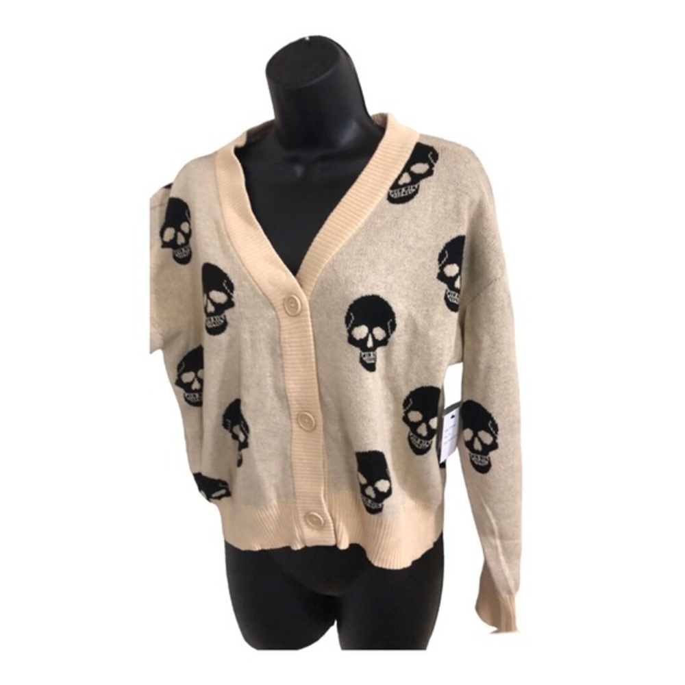 Cream skull print button front v-neck grandpa style cardigan size Medium new - Picture 1 of 11